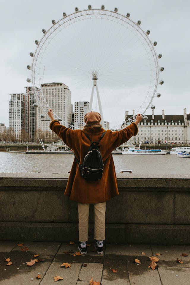 Woman standing in front of the 'London Eye'